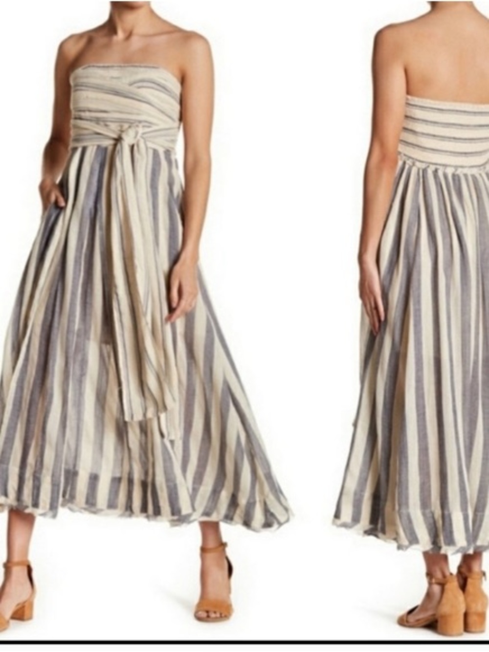 Free People Strapless Maxi Dress in Cream and Blue-Gray Stripesfree people dress